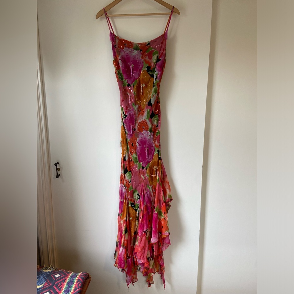 Vintage Cache Pink & Orange Floral Beaded Maxi Dress